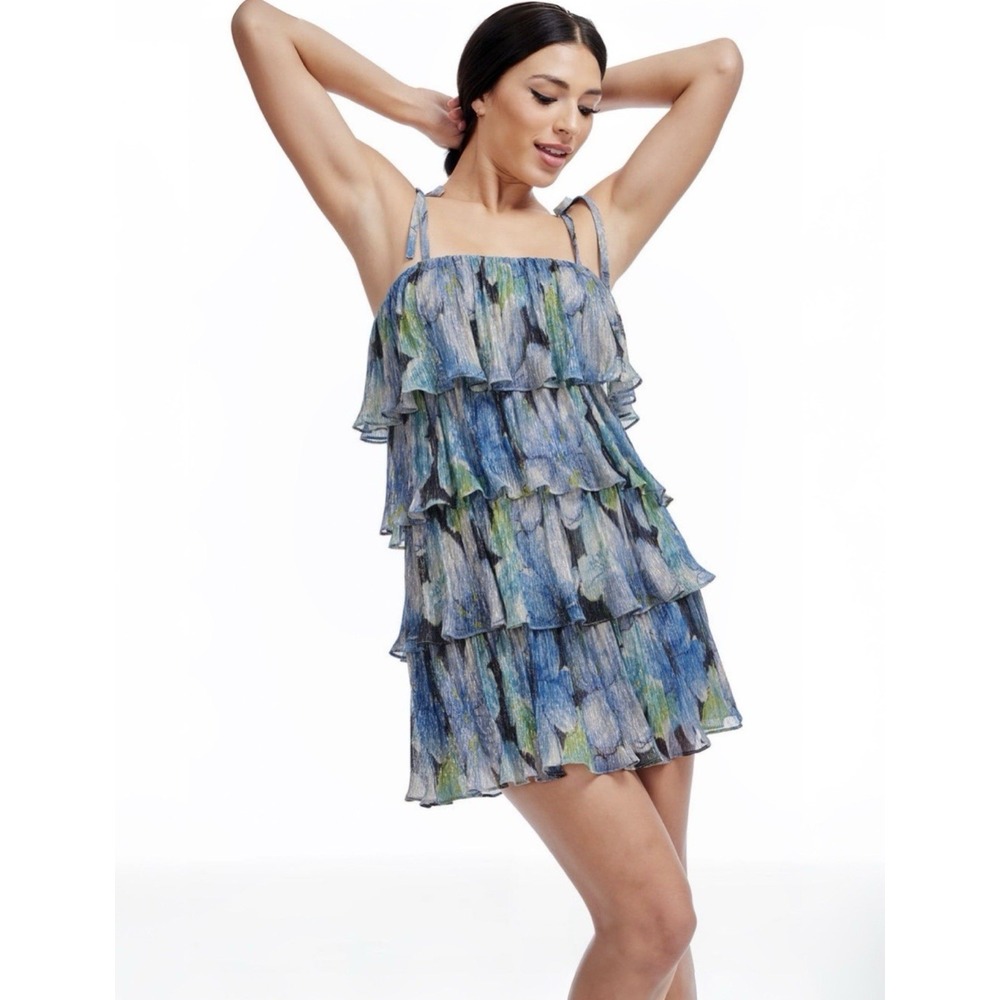 Dress the Population Pixie Dress M Cobalt Multi Metallic Tiered Ruffle NWT $228